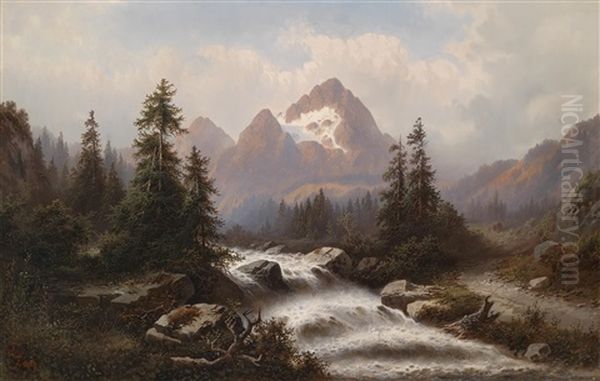 Gebirgige Flusslandschaft Oil Painting by Julius Zopf