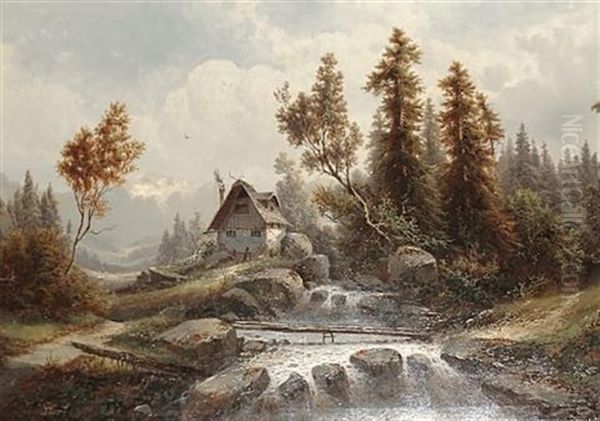 Woodland Cottage Beside A Mountain Stream Oil Painting by Julius Zopf