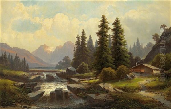 Gebirgslandschaft Mit Haus Am Flus Oil Painting by Julius Zopf