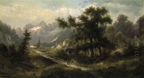 Gebirgslandschaft Mit Figurlicher Staffage Oil Painting by Julius Zopf