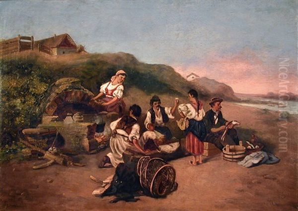 Gypsies On The Beach Oil Painting by Gyula Zorkoczy