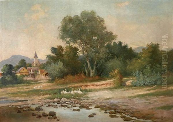 Landscape With Ducks By A Stream, Distant Mountain Village Oil Painting by Gyula Zorkoczy