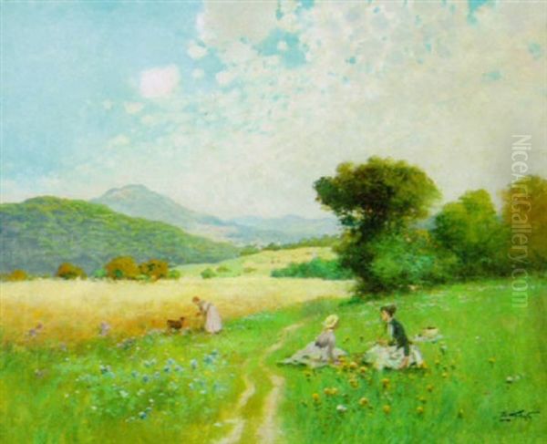 A Picnic In The Meadowlands, Mountains Beyond Oil Painting by Gyula Zorkoczy