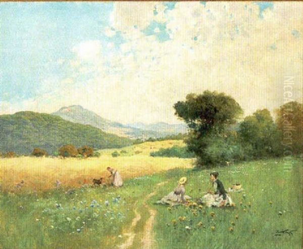 A Picnic In The Meadowlands, Mountains Beyond Oil Painting by Gyula Zorkoczy