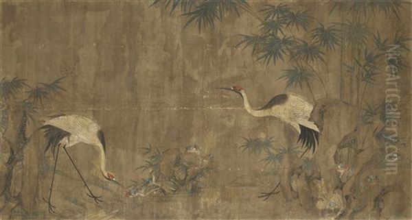 Cranes, Bamboo And Lingzhi Fungus By Rocks Oil Painting by  Zou Yigui