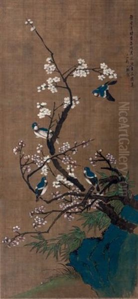 Grande Peinture Sur Textile Representant Quatre Oiseaux Sur Une Branche D'arbre Fruitier En Fleurs, Rocher Et Vegetations En Partie Basse Oil Painting by  Zou Yigui