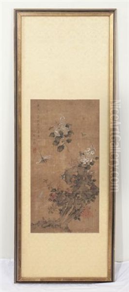 Flowers & Insects, Ink & Color On Silk, 19th Century Oil Painting by  Zou Yigui