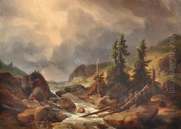 Sturmische Gebirgslandschaft Oil Painting by Ferdinand Zschaeck