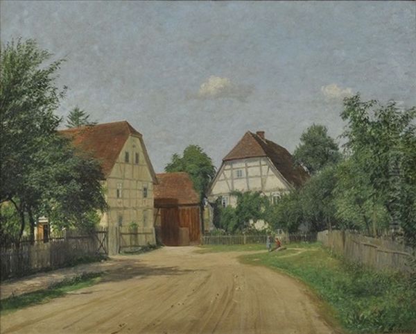 Dorfstrase In Moschwig Bei Schmiedeberg (landkreis Wittenberg) Oil Painting by Emil Zschimmer