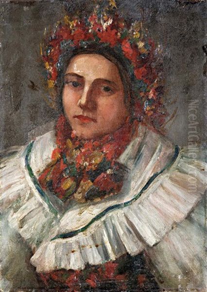 Girl In Folk Costume Oil Painting by Julia Zsolnay