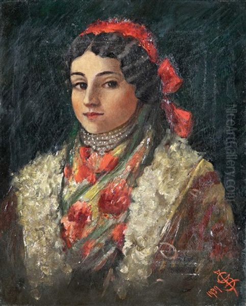 Girl In Folk Costume Oil Painting by Julia Zsolnay