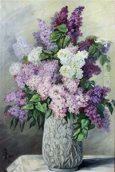 Still Life With Jug Of Purple And White Lilacs Oil Painting by Julia Zsolnay