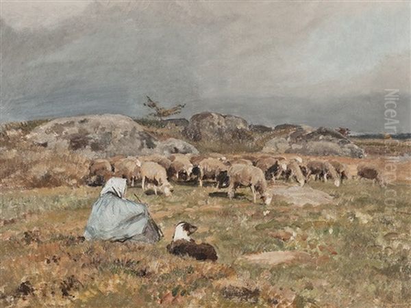 Shepherdess With Herd Oil Painting by Jean Henri Zuber