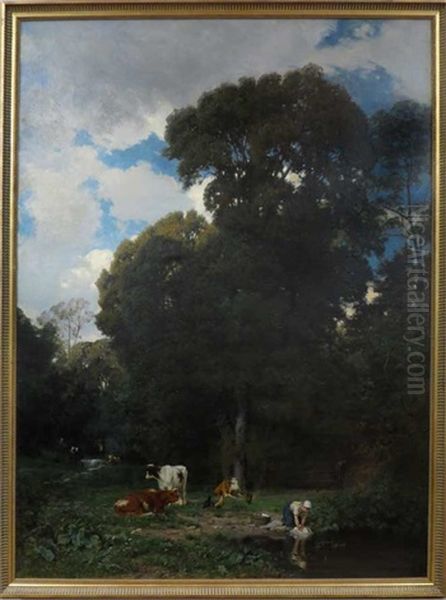 Paysage Avec Une Lavandiere Vaches Oil Painting by Jean Henri Zuber