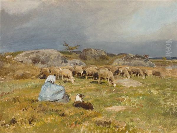 Weidelandschaft Mit Schafen, Schaferin Und Hund Oil Painting by Jean Henri Zuber