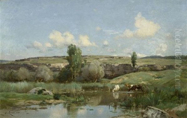 Kuhe Am Ufer, Wohl In Der Provence Oil Painting by Jean Henri Zuber