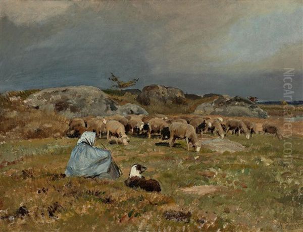 Weidelandschaft Mit Schafen, Schaferin Und Hund Oil Painting by Jean Henri Zuber