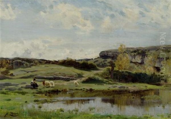 Schafe Mit Hirte In Einer Weiten Moorlandschaft Oil Painting by Jean Henri Zuber