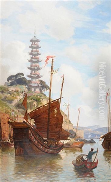 Blick Auf Die Whampoa Pagode Am Perlfluss In Der Provinz Canton/sudchina Oil Painting by Jean Henri Zuber