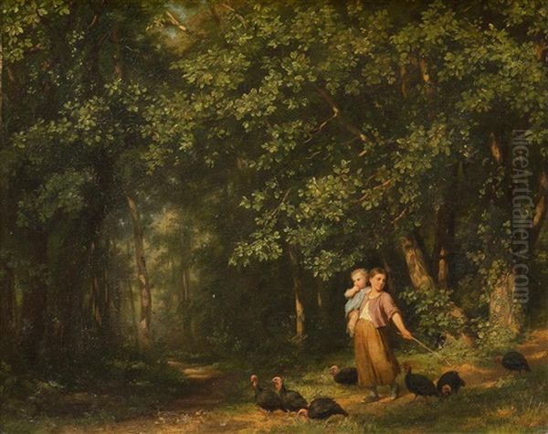 Madchen In Waldlichtung, Eine Schar Truthuhner Vor Sich Her Treibend Oil Painting by Fritz Zuber-Buehler