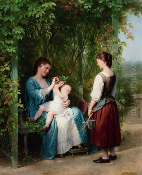 Playing With Baby In The Garden Oil Painting by Fritz Zuber-Buehler