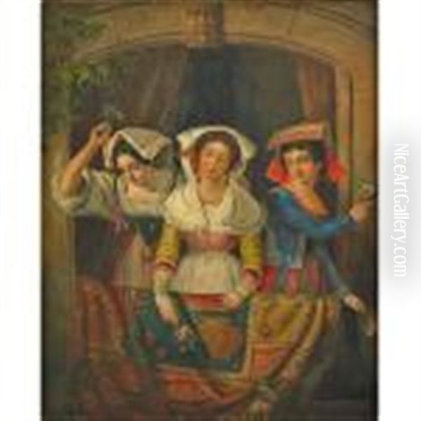 Three Women Holding Roses Oil Painting by Fritz Zuber-Buehler