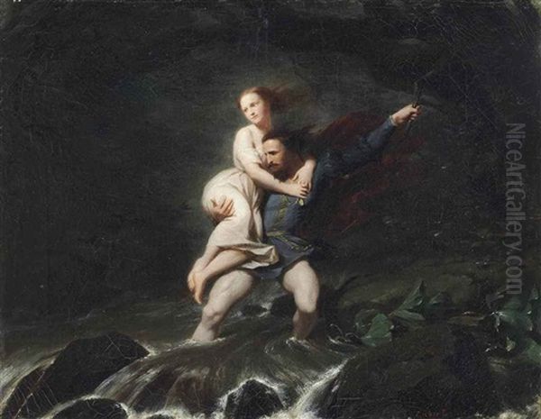 Fording The Torrent Oil Painting by Fritz Zuber-Buehler