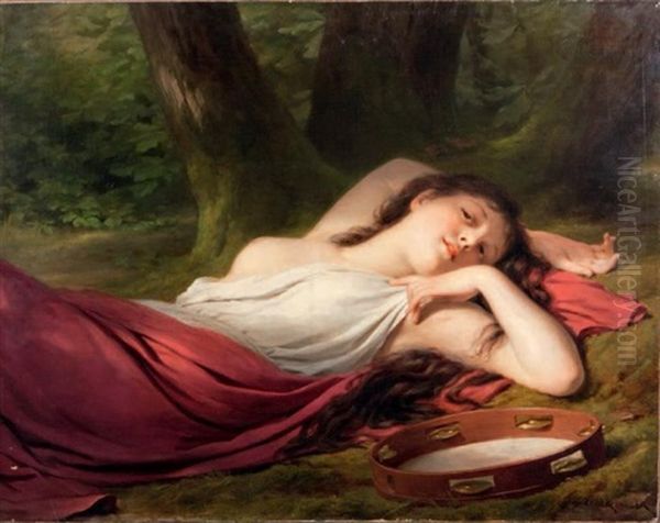 Femme Alanguie Au Tambourin Oil Painting by Fritz Zuber-Buehler