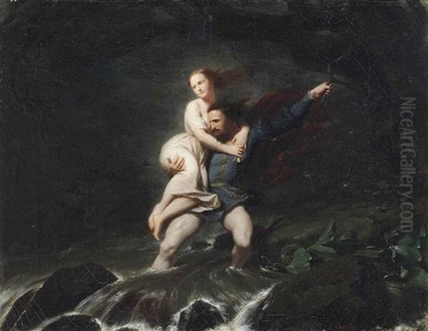 Fording The Torrent Oil Painting by Fritz Zuber-Buehler