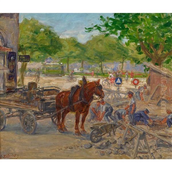 Strassenarbeiter In Genf Oil Painting by Lorand (Roland) Zubriczky