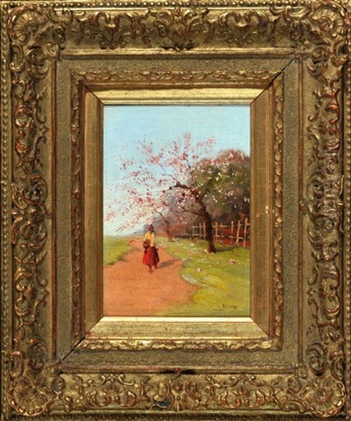 Magd Am Feldweg Mit Bluhenden Obstbaumen Oil Painting by Lorand (Roland) Zubriczky