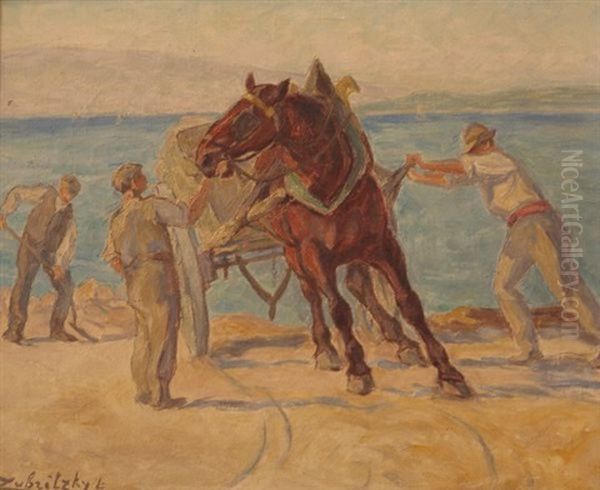 Travail Des Hommes Et Cheval Aux Champs Oil Painting by Lorand (Roland) Zubriczky