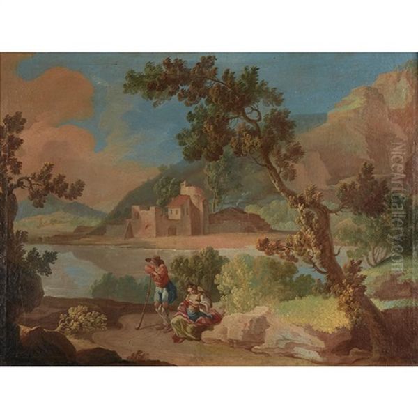 Travellers In A Pastoral Landscape; And A Companion Oil Painting by Francesco Zucarelli