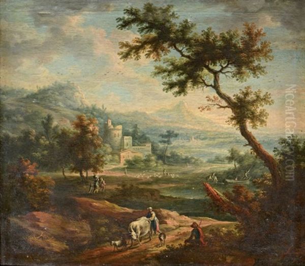 Paysage De La Campagne Italienne Traverse Par Une Riviere Avec Villageoise Et Ses Animaux En Chemin Oil Painting by Francesco Zucarelli