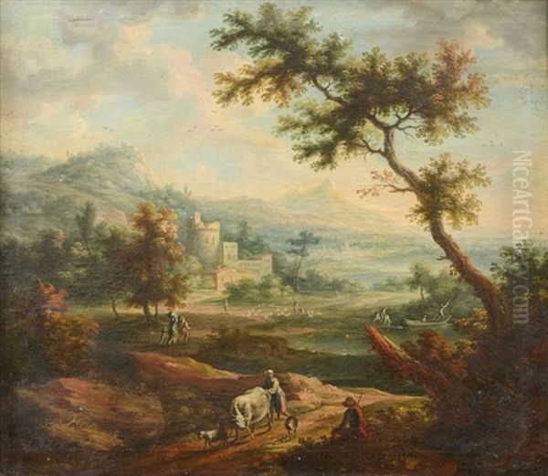 Paysage De La Campagne Italienne Travserse Par Une Riviere Avec Villageoise Et Ses Animaux En Chemin Oil Painting by Francesco Zucarelli