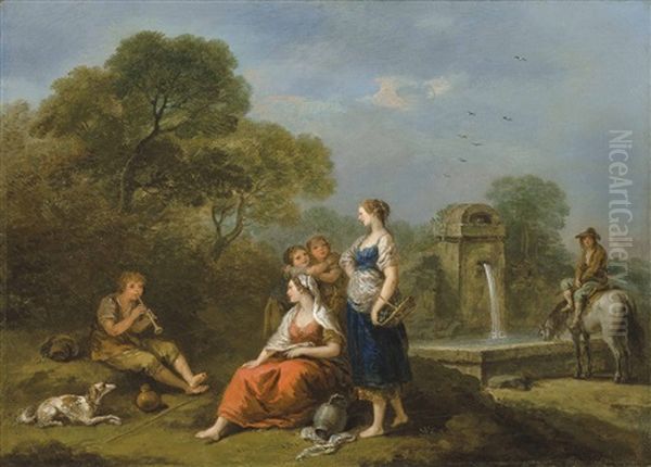 A Pastoral Landscape With Figures At Rest By A Fountain, Listening To A Boy Making Music Oil Painting by Francesco Zuccarelli