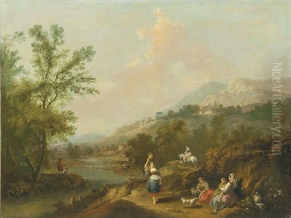 An Extensive Italianate River Landscape With Washerwomen On A Path Oil Painting by Francesco Zuccarelli