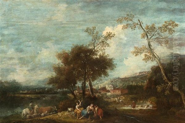 A River Landscape With Figures Resting Beneath A Tree Oil Painting by Francesco Zuccarelli