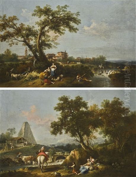 Landscape With A River, A Shepherd, Washerwomen And A Fisherman On The Bank, A Town Beyond Landscape With A Pyramid Beside A River And A Bridge, With A Drover, And A Lady On Horseback Passing A Family On The Bank Oil Painting by Francesco Zuccarelli