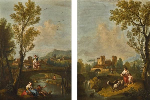 A Wooded River Landscape With A Bridge Over A Stream With A Woman And Child Fishing On The Bank; A Landscape With A Woman And Child Herding Goats Down To A Stream, A Waterfall And Village In The Distance Oil Painting by Francesco Zuccarelli