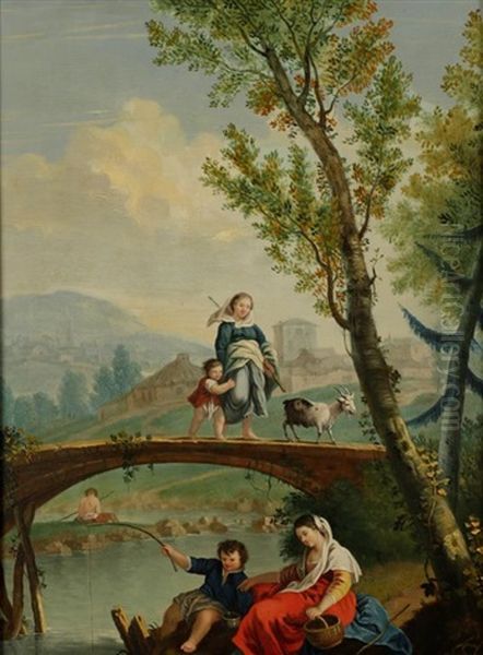 A Woman, Child And Goat Crossing A Bridge, With Figures Fishing Below Oil Painting by Francesco Zuccarelli