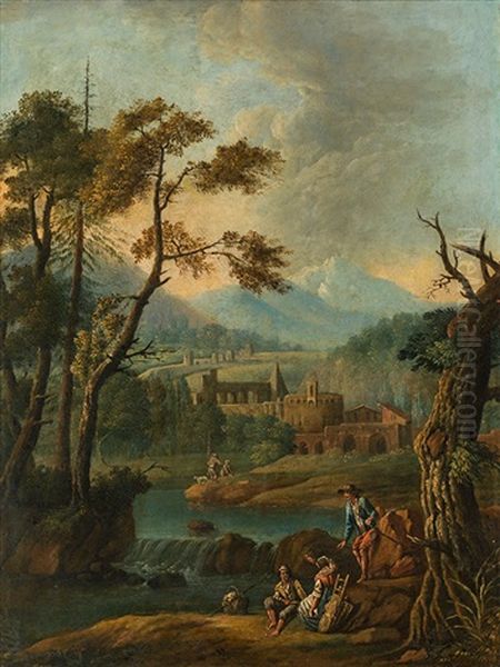 Southern River Landscape With Fishermen Oil Painting by Francesco Zuccarelli