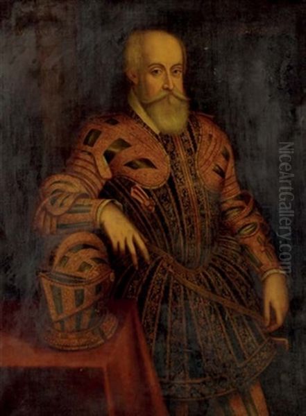 Portrait Of A Gentleman Said To Be William Cecil, Lord Burleigh In Armor, His Helmet On A Table Beside Oil Painting by Federico Zuccaro