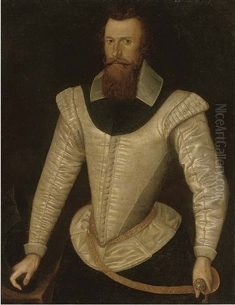 Portrait Of A Gentleman (henry Stuart, Lord Darnley?) In A White Doublet, Holding A Sword And Helmet Oil Painting by Federico Zuccaro