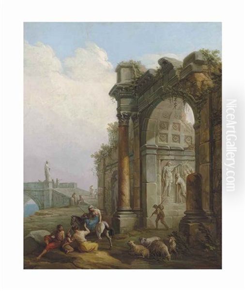 A Ruined Triumphal Arch With Figures Conversing On Path, A Bridge Beyond Oil Painting by Antonio Zucchi