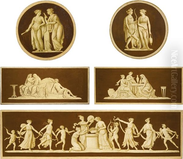 A Set Of Five Burgundy And Ivory Painted Overdoors And Roundels Of Neoclassical Scenes Oil Painting by Antonio Zucchi