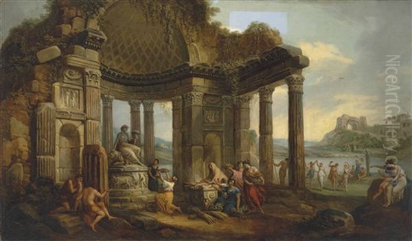 An Italian Capriccio With Figures Making A Sacrifice To Cybele In A Ruined Temple, Others Dancing On The Shore Beyond by Antonio Zucchi