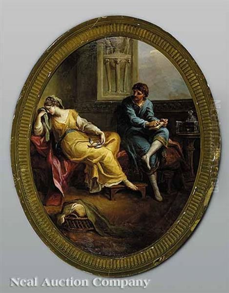 Virgil Reading The Aeneid To Augustus And Octavia (+ A Classical Scene With A Young Man And Young Woman Mourning The Death Of A Songbird; Pair) Oil Painting by Antonio Zucchi