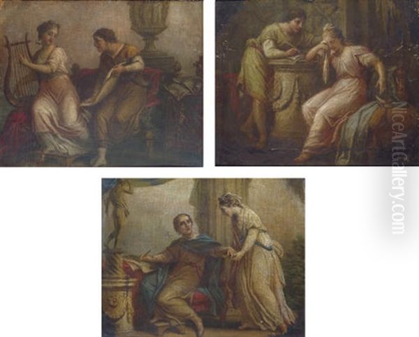 Sappho With The Lyric Poet Alcaeus (+ 2 Others; Set Of 3 Works) Oil Painting by Antonio Zucchi