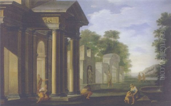 A Classical Building With Figures By A Fountain Oil Painting by Antonio Zucchi